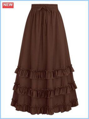 Flowy Tiered Maxi Skirt with Pockets Elastic High Waist A-Line